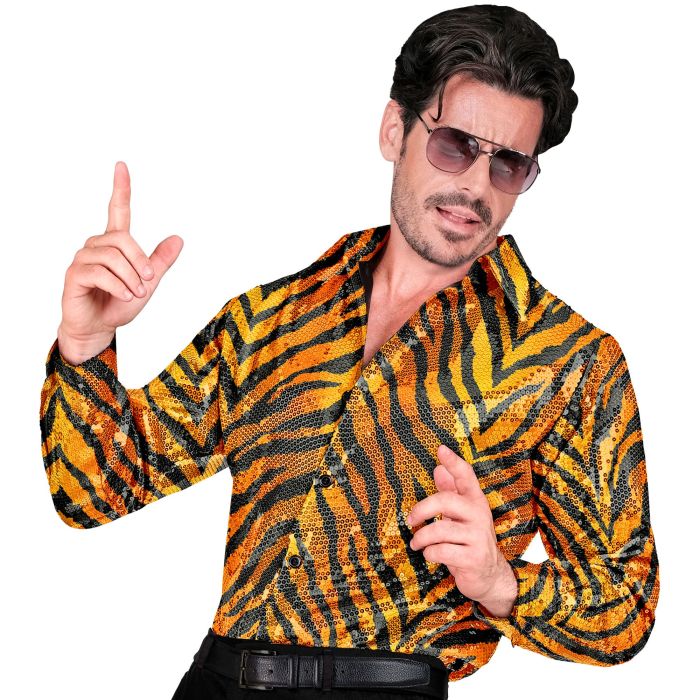 Orange sequin shirt with tiger pattern for men