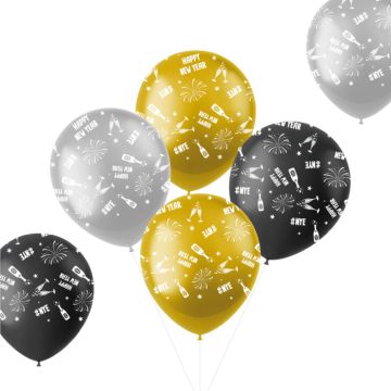 New Year balloons black, gold and silver 6x