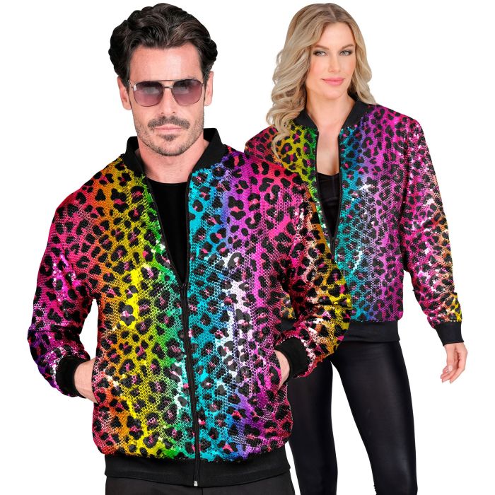Rainbow Leopard Print Sequin Bomber Jacket