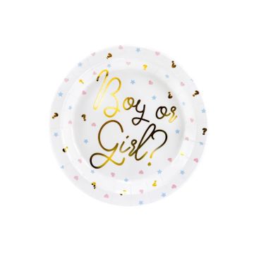 White gender reveal paper plates with gold writing and designs 6x - Ø 23 cm