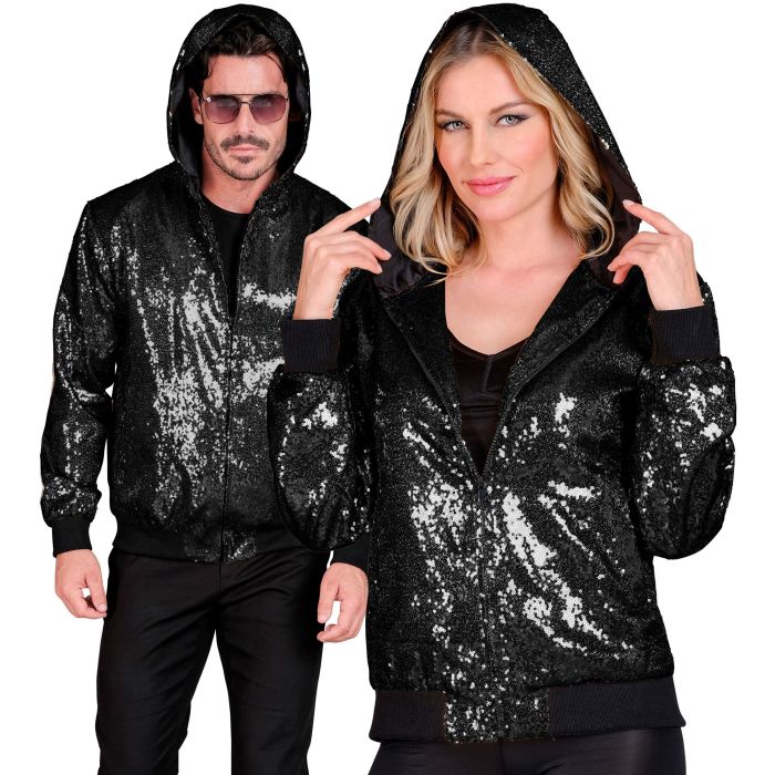 Black Sequin Bomber Jacket with Hood