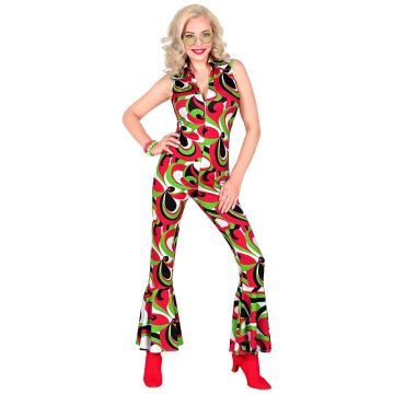 70's disco jumpsuit in multicoloured with swirling pattern