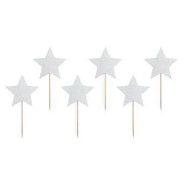 Silver glitter star food picks 6x - 11.5 cm