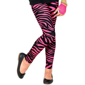 Neon pink 80's children's leggings with zebra pattern