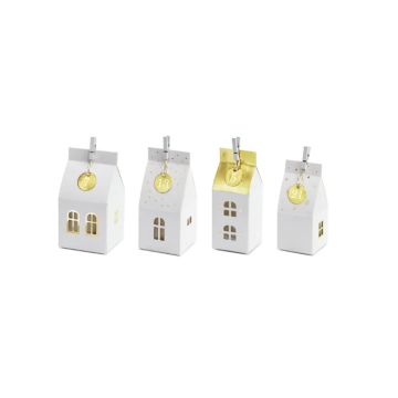 Advent calendar paper houses white with gold 6x13.5x6
