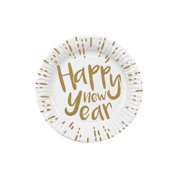 White happy new year paper plates 10x - 23 cm