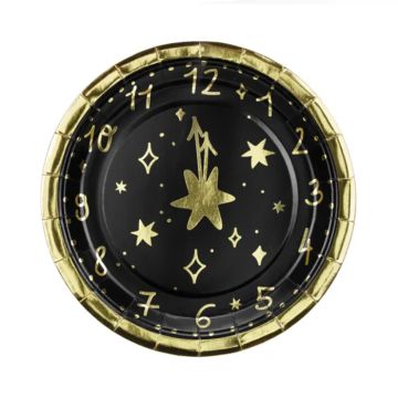 Disposable plates New Year's at 12 o'clock black 6x - 18cm