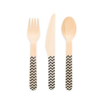 Wooden cutlery black patterned 18 pieces - 16 cm