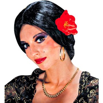 Black wig with red flower