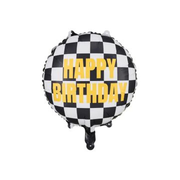 Happy birthday foil balloon with checkered flags 45 cm