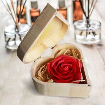 Red rose in heart-shaped wooden box 12.5x7x13 cm