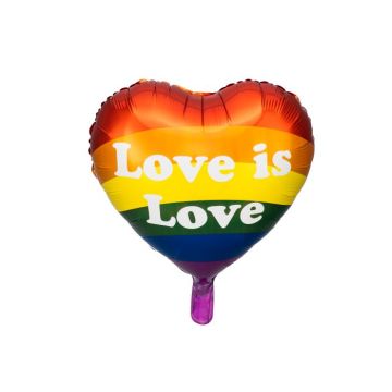 Rainbow coloured pride heart foil balloon with white writing - 35 cm