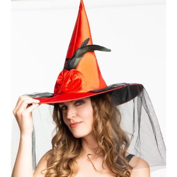 Red witch hat with veil and flowers