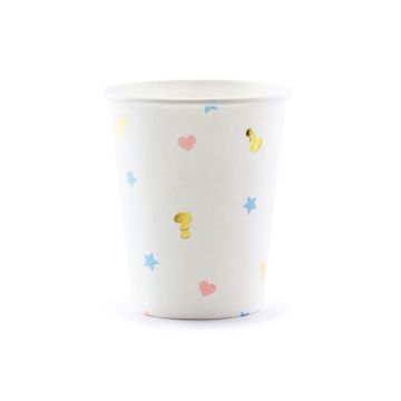 White gender reveal paper cups with designs 6x - 200 ml