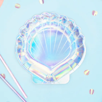 Holographic seashell-shaped paper plate 6x - 18.5 cm