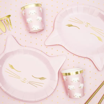 Pink paper plates with cat design 6x - 22x20 cm