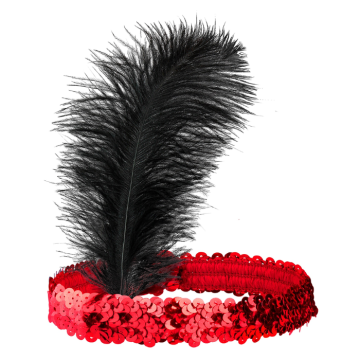 Red headband with sequins and feathers