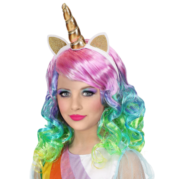 Rainbow wig with unicorn horn headband for children
