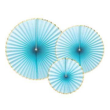 Light Blue Rosettes with Gold Edging 3x - Ø 23-32-40 cm