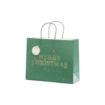 Green Christmas gift bag with gold writing - 32.5x26.5x11.5 cm