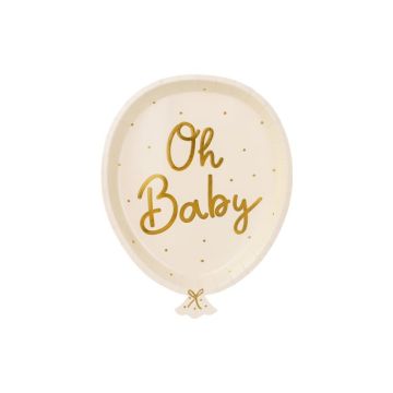 Ballonformede hvide pap tallerkner med guldprikker og guldskrift 6x - 22x17,5 cm