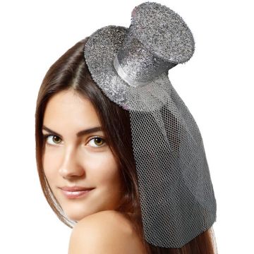 Silver mini glitter top hat with veil