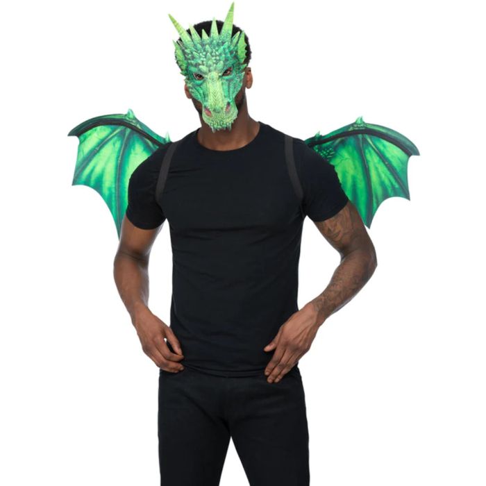 Green dragon set including wings and mask one-size