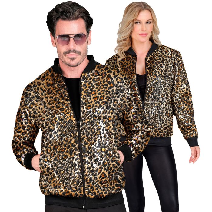 Sequinned bomber jacket with leopard print in gold