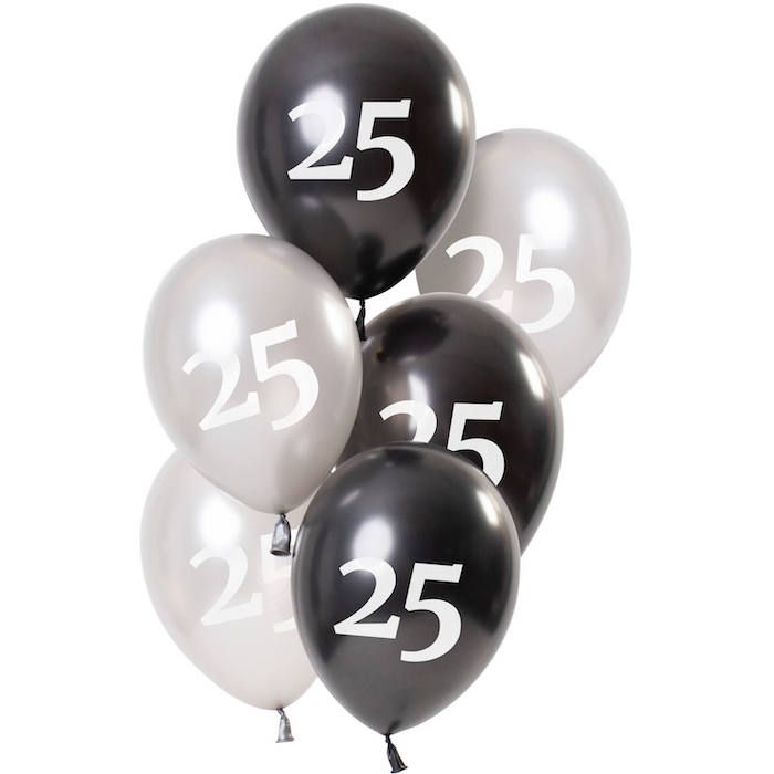 25th Anniversary Metallic Black And Silver Balloons 6x - 23 cm