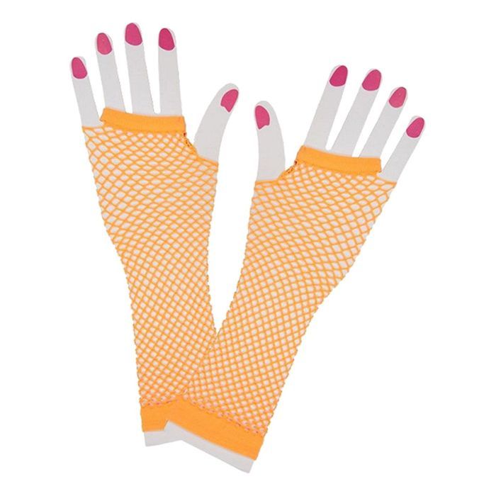 UV long fishnet gloves orange 2x - 25 cm