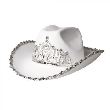 White sparkling cowboy hat with glittering tiara 